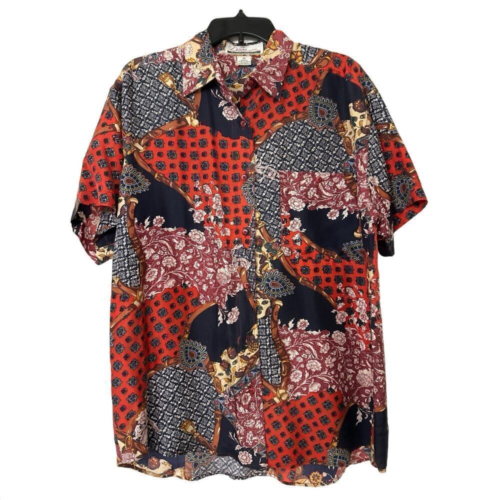 Diana Marco Vintage 100% Silk Baroque Equestrian Patchwork Print Shirt 16